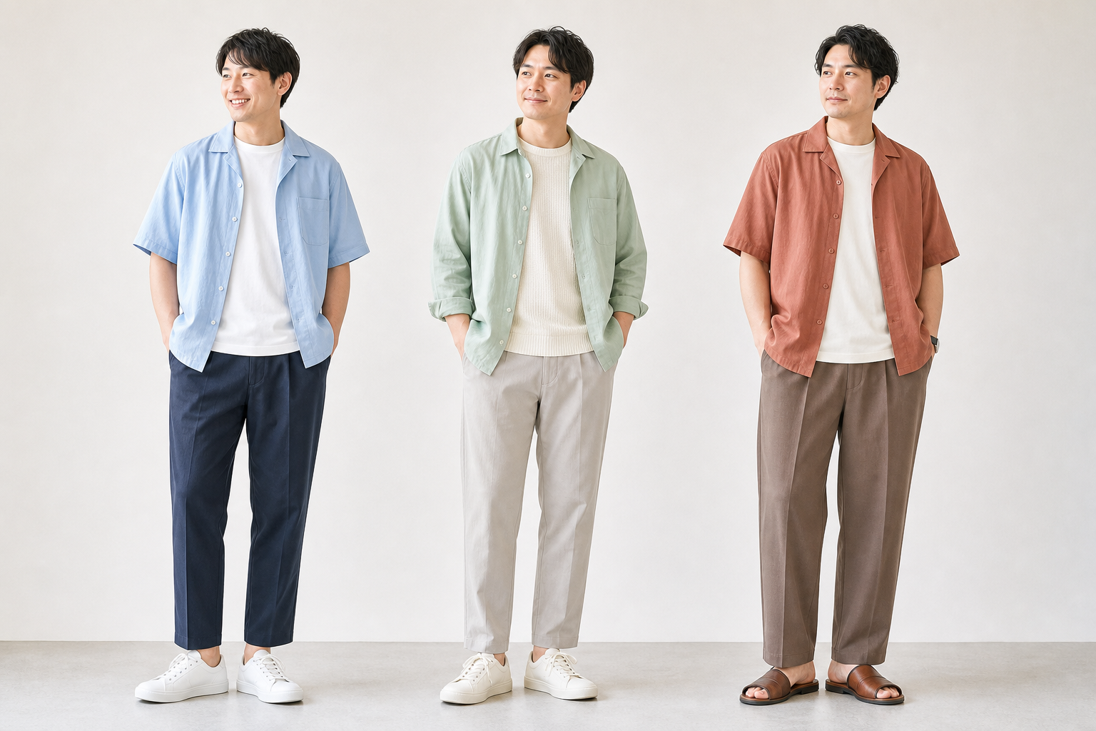 30代男性向けの夏コーデ例。ライトブルー、ミントグリーン、テラコッタを使った清潔感のあるメンズファッション
